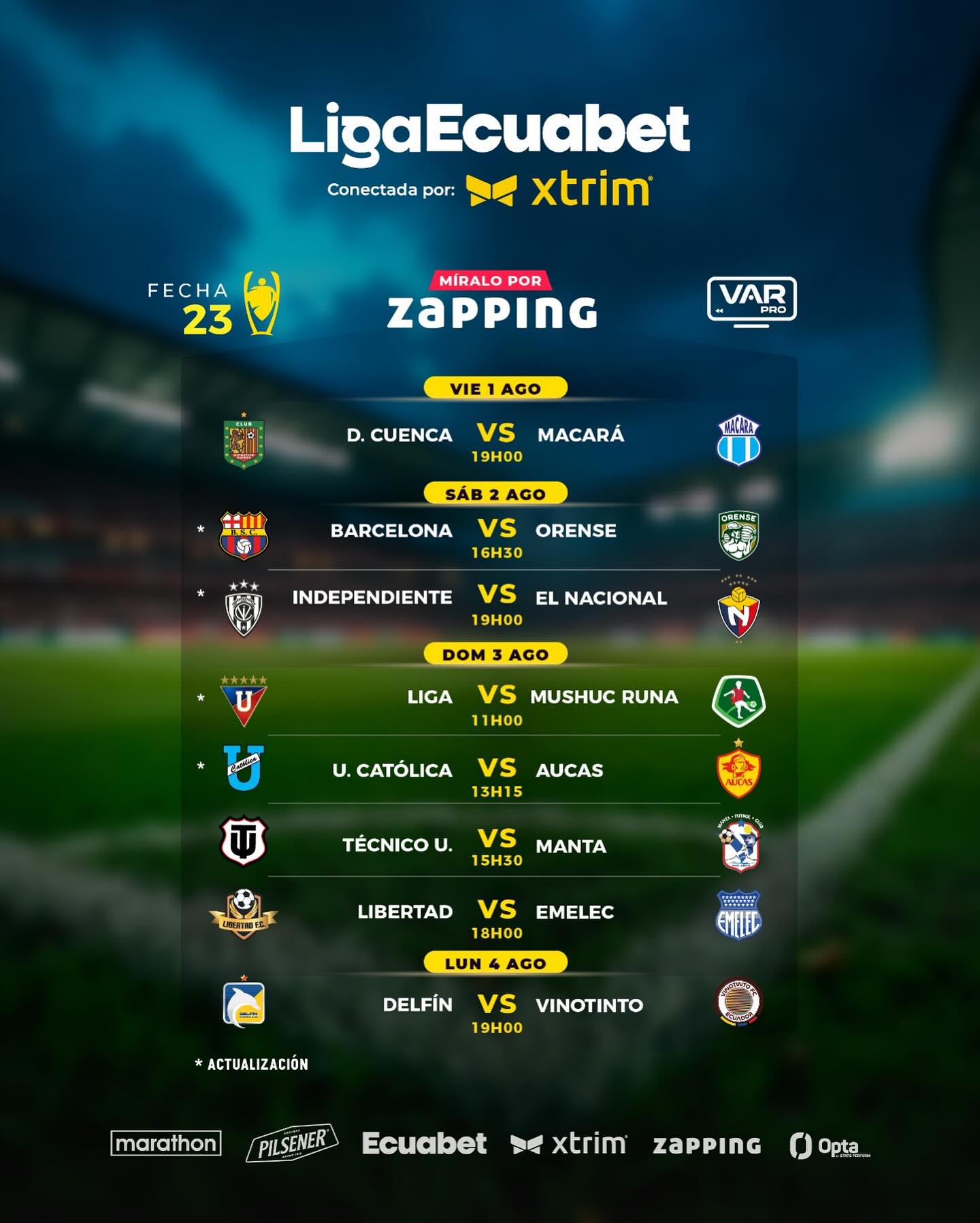 Fixture 23ava. Fecha Liga PRO 2025 Ecuador.